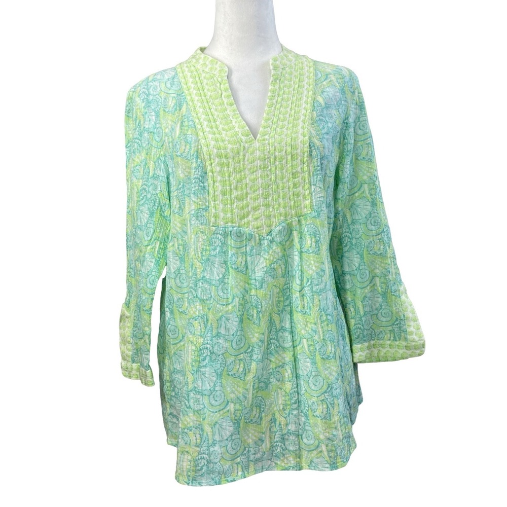 Vineyard Vines Tunic Blouse Womens S Green Paisley Cotton V Neck 3/4 Sleeve